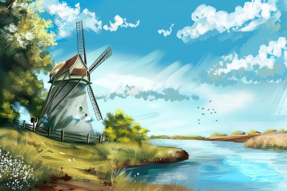 Digital paint illustration colored pencil texture illustration of windmill landscape painting outdoors nature.