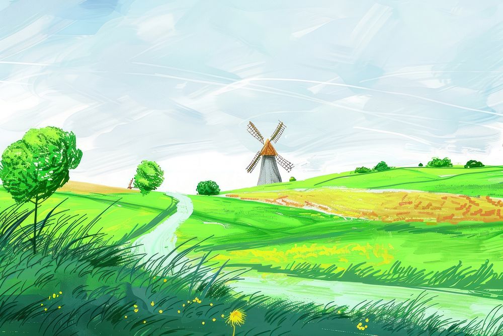 Digital paint illustration colored pencil texture illustration of windmill landscape grassland outdoors nature.