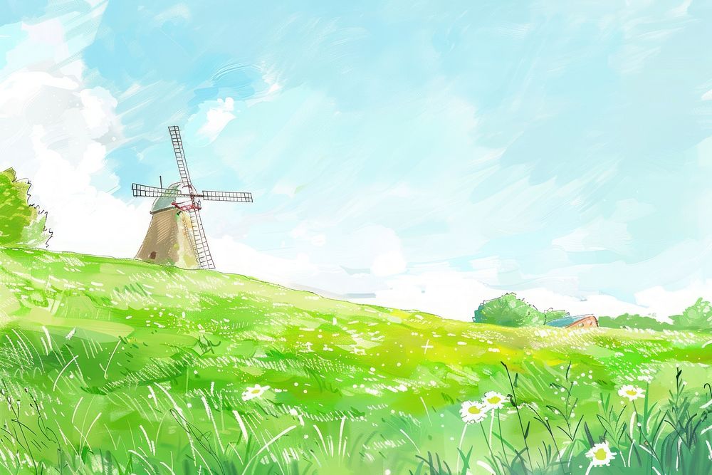 Digital paint illustration colored pencil texture illustration of windmill landscape outdoors architecture agriculture.