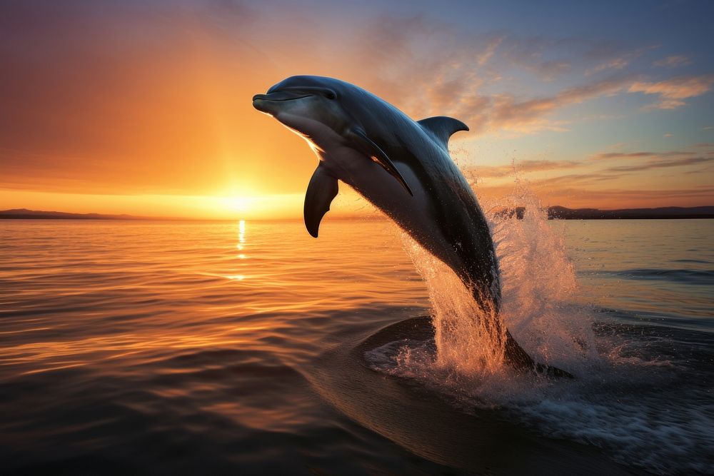 Beautiful dolphin jumping outdoors nature sunset.