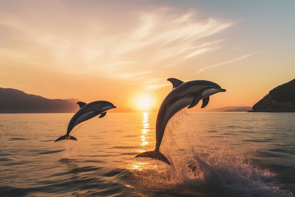 Couple jumping dolphins sea sky outdoors.