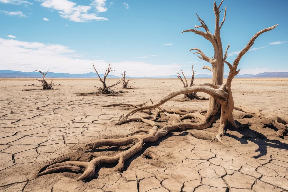 Dead trees on drought and Cracked land driftwood outdoors climate.
