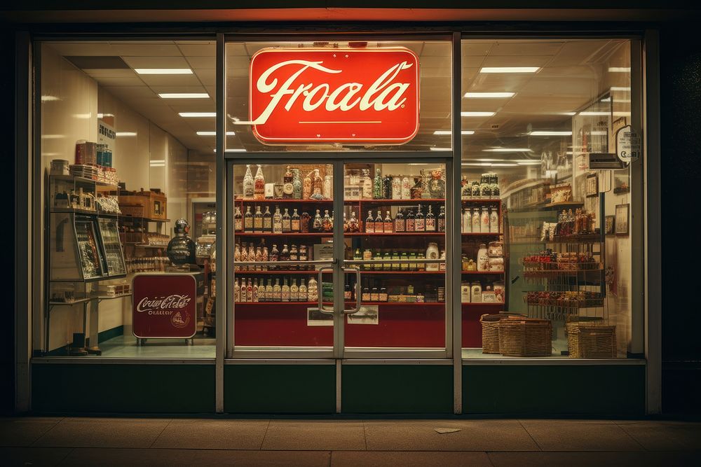 Food and drink store window architecture illuminated supermarket.