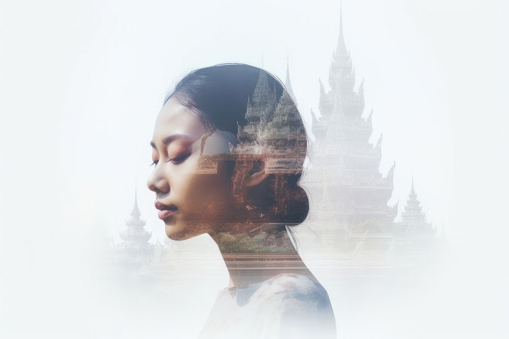 Double exposure photography Thai woman and temple portrait contemplation spirituality.
