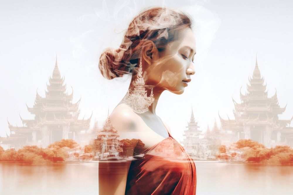 Double exposure photography Thai woman and temple architecture portrait pagoda.