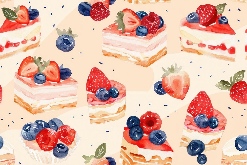 Gouache texture of dessert strawberry blueberry pattern.