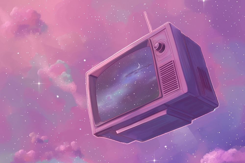 Pastel purple tv floating in space transportation electronics technology.
