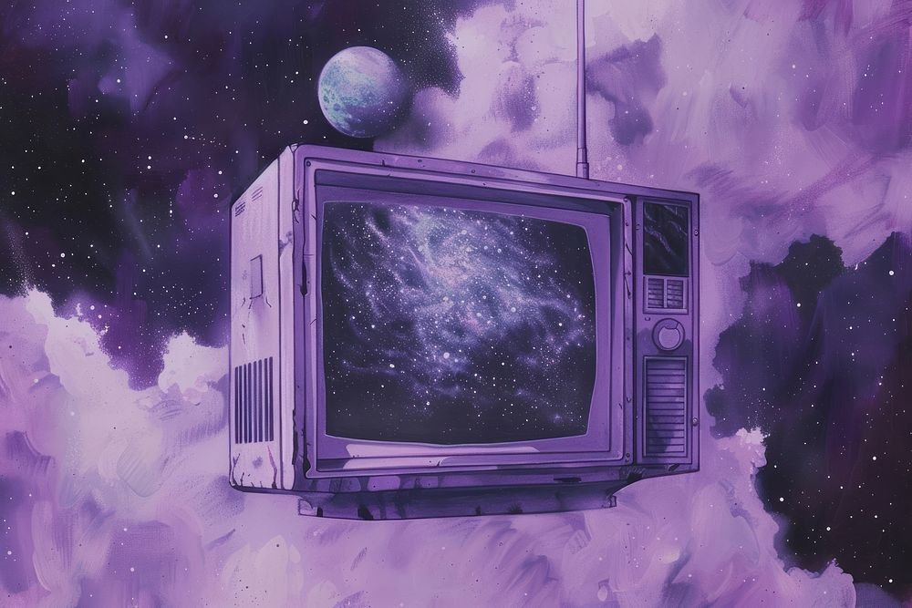 Pastel purple tv floating in space television astronomy electronics.