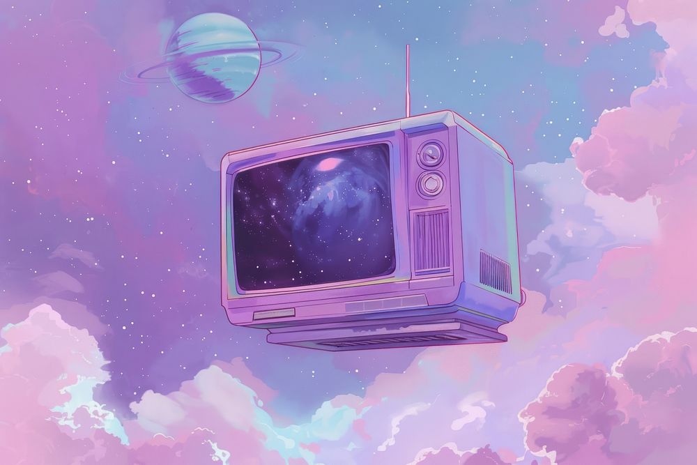 Pastel purple tv floating in space electronics technology television.