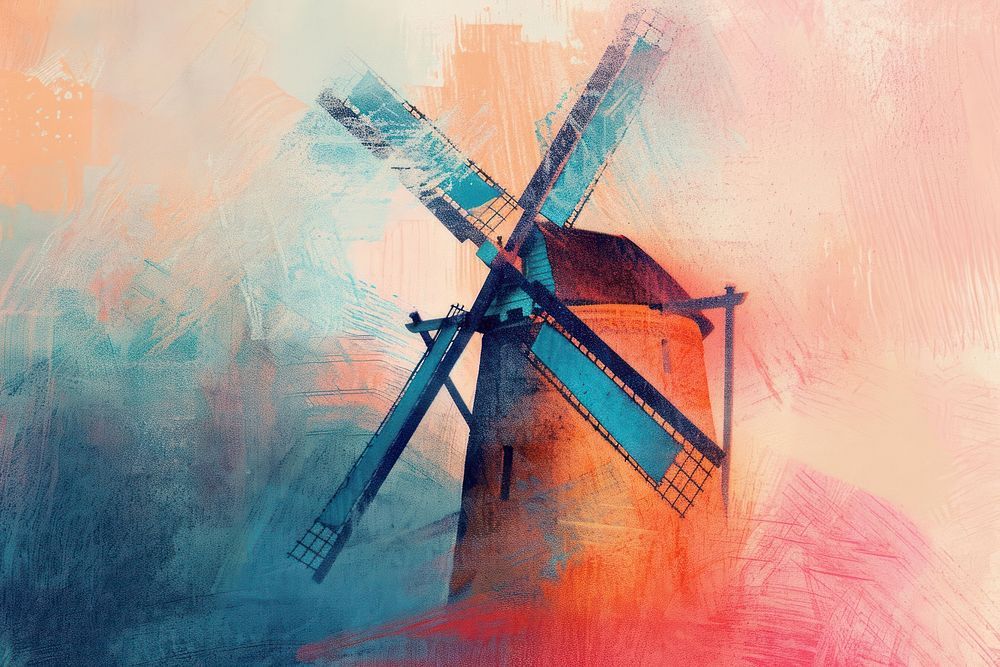Pastel colored pencil texture illustration of windmill architecture creativity technology.