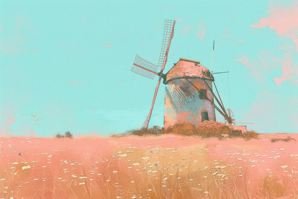 Pastel colored pencil texture illustration of windmill outdoors architecture agriculture.