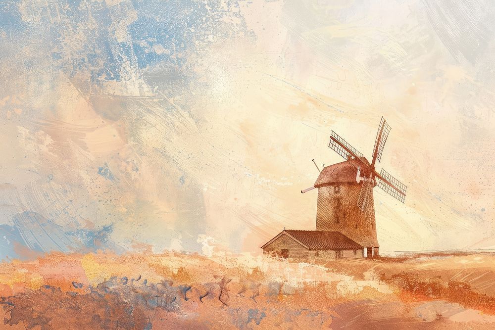 Pastel colored pencil texture illustration of windmill painting outdoors architecture.