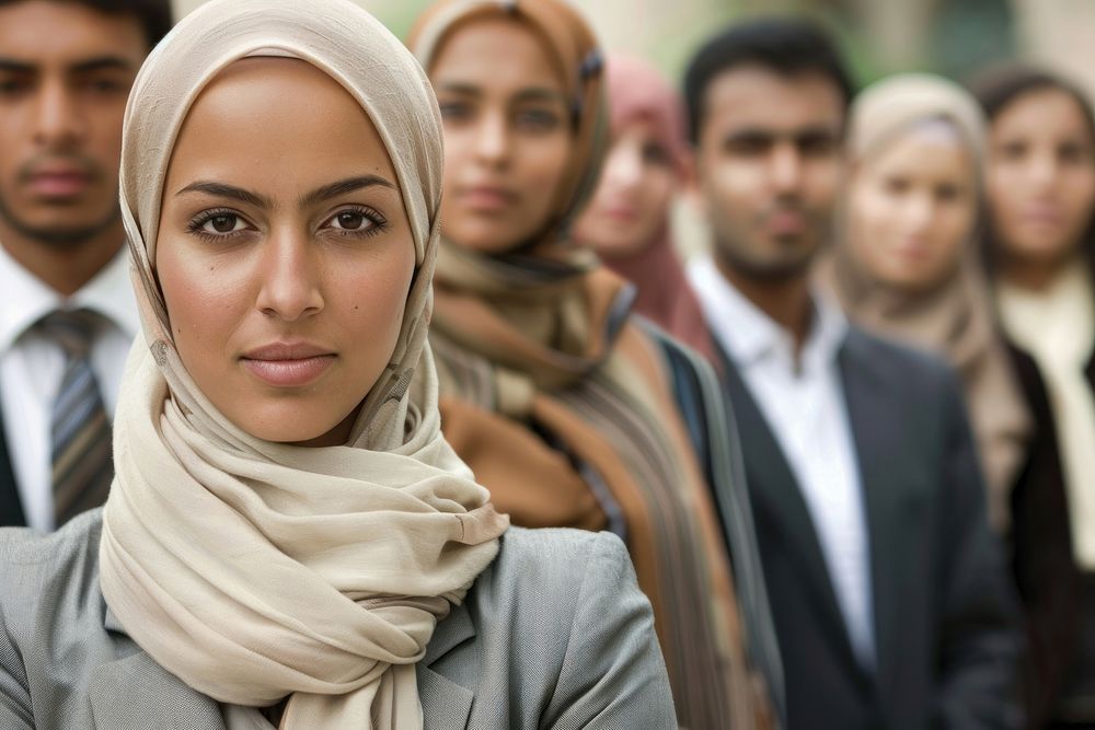 Muslim woman cross arm against business people portrait adult scarf.