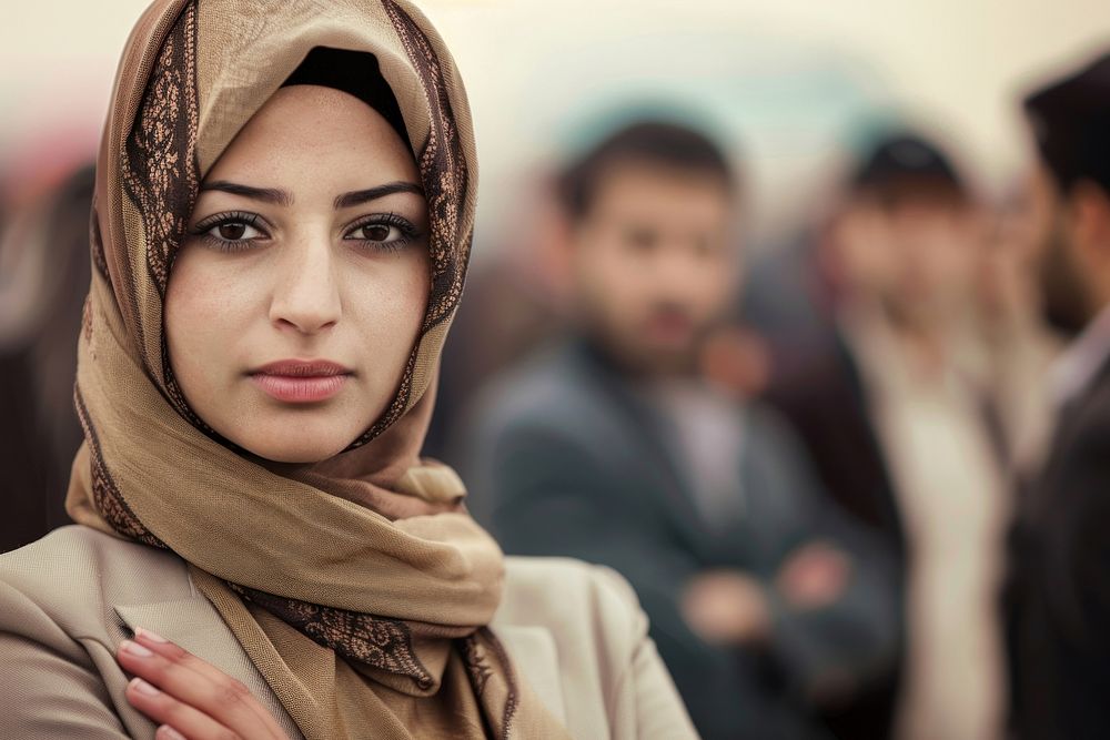 Muslim woman cross arm against business people portrait adult scarf.