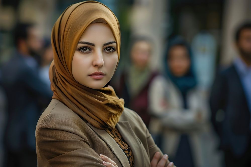 Muslim woman cross arm against business people portrait scarf adult.