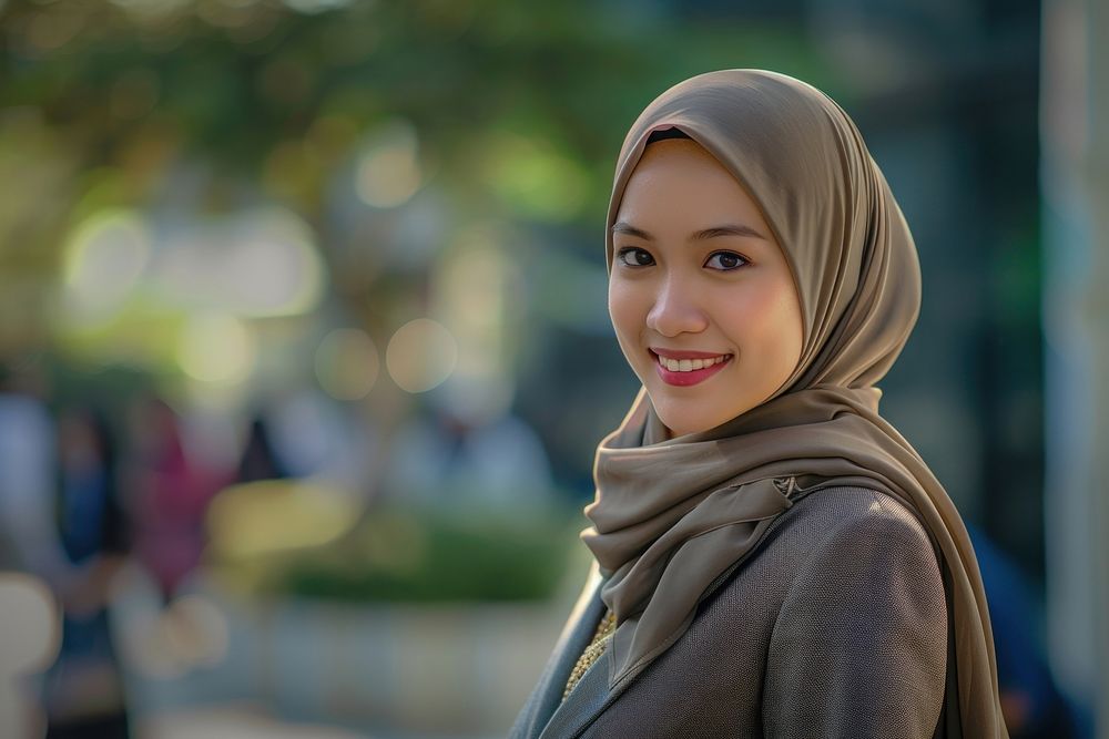 Muslim woman stand and smile against business people meeting scarf architecture headscarf.