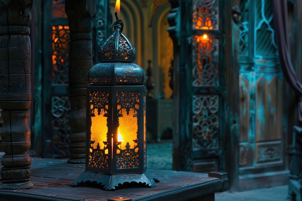 Ornamental Arabic lantern with burning candle glowing at night spirituality architecture illuminated.