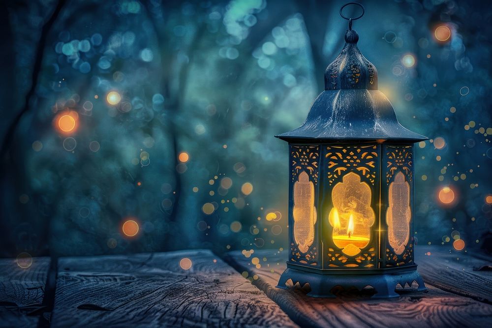 Ornamental Arabic lantern with burning candle glowing at night outdoors nature spirituality.