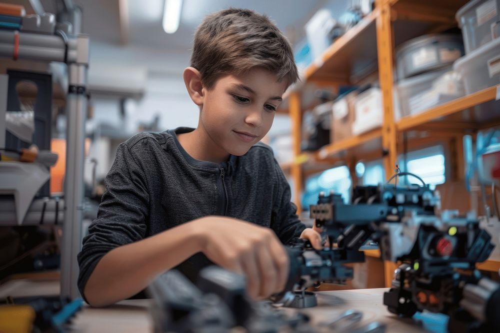 A boy builds robot concentration technician technology.