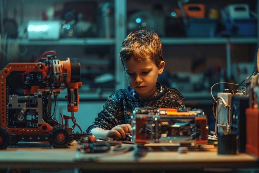 A boy builds robot child toy concentration.