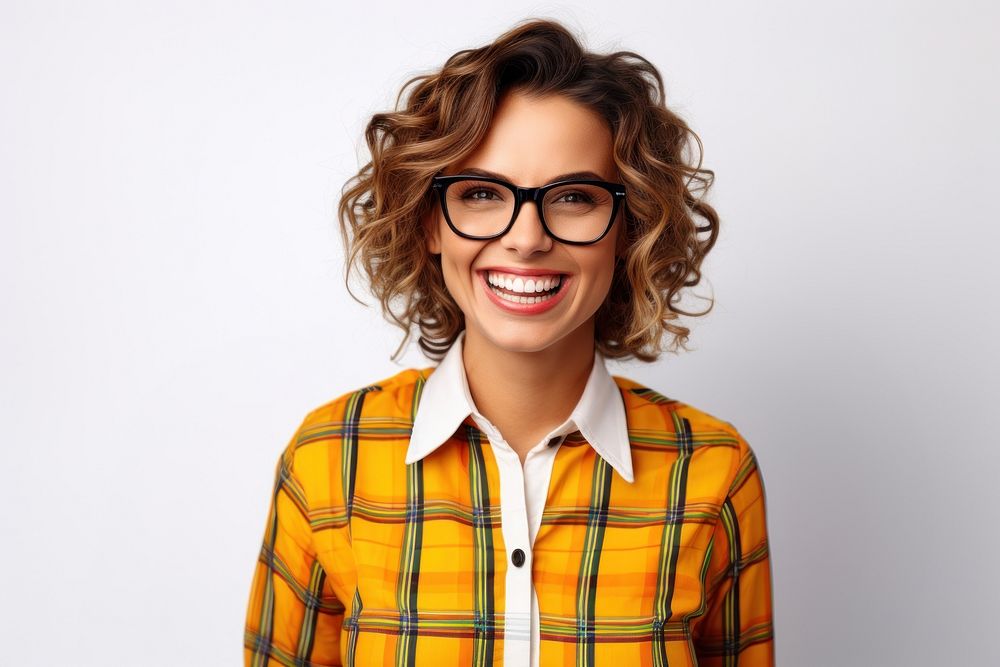 Female math teacher laughing glasses blouse.
