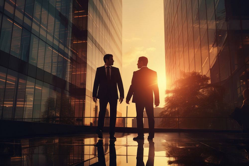 Two businessmen hold hands building sunlight walking.
