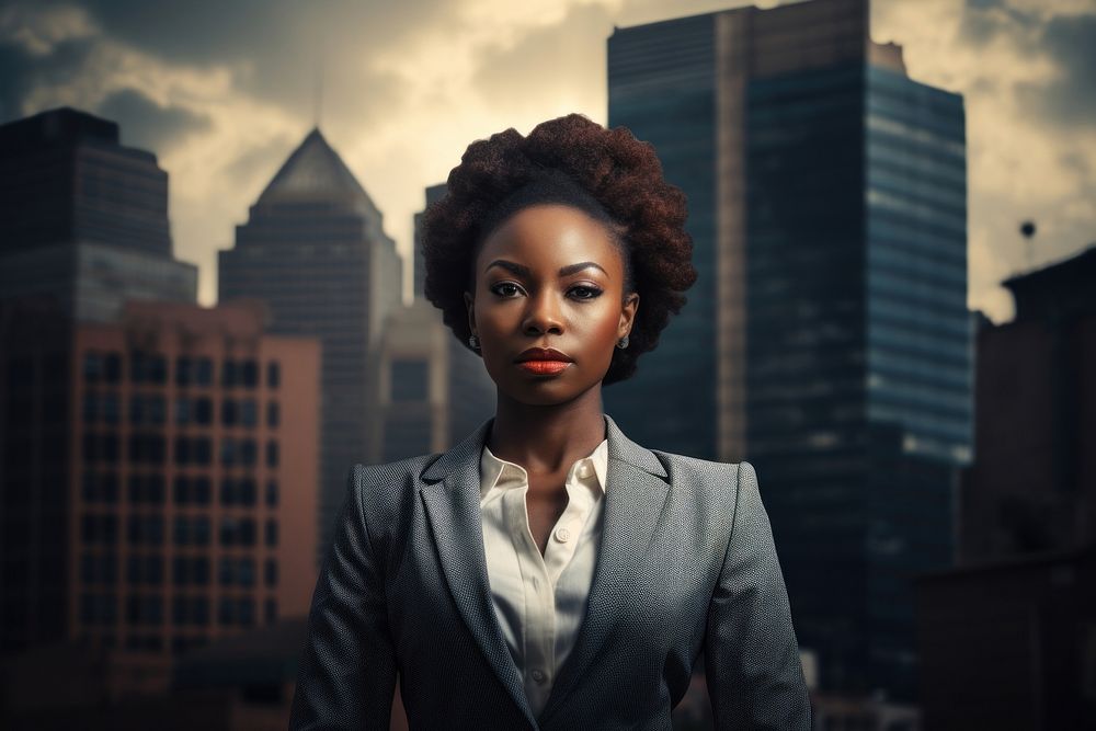 African businesswoman against a backdrop of skyscrapers portrait adult photo.
