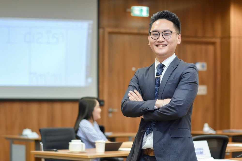 Asian man stand and smile against business people meeting in meeting room glasses adult businesswear.