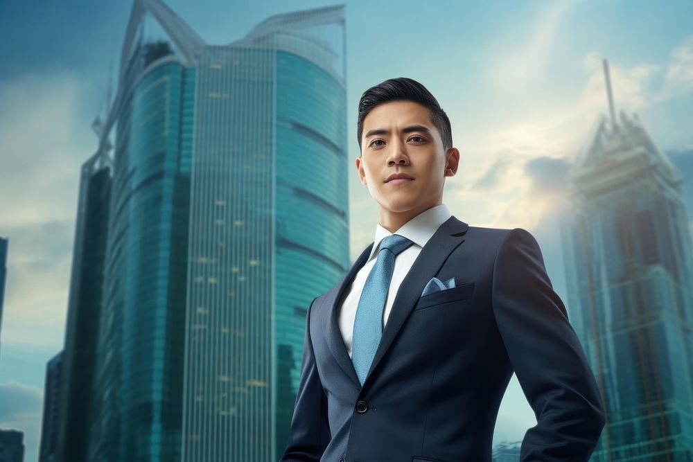 Asian businessman with skyscrapers backdrop architecture building adult.
