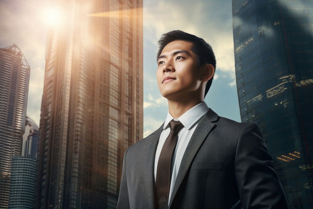 Asian businessman with skyscrapers backdrop architecture building portrait.