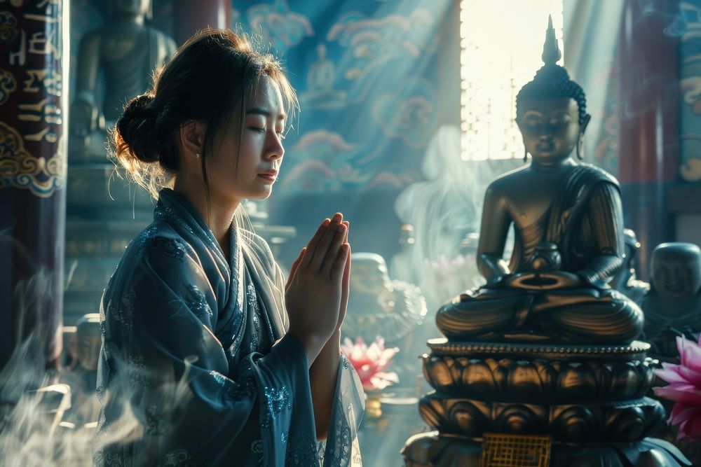Praying temple adult woman.