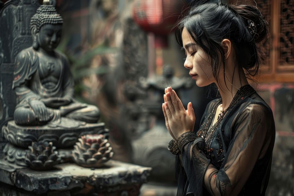 Praying temple adult woman.