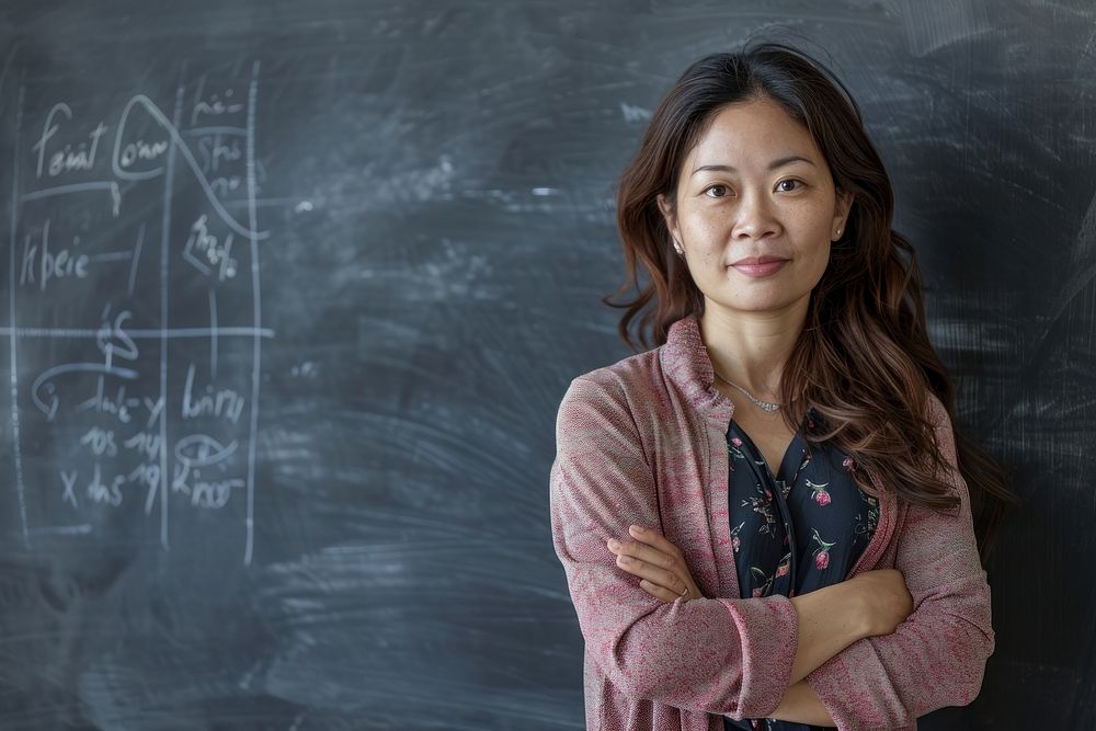 Asian woman teacher cross arm against black board blackboard adult intelligence.