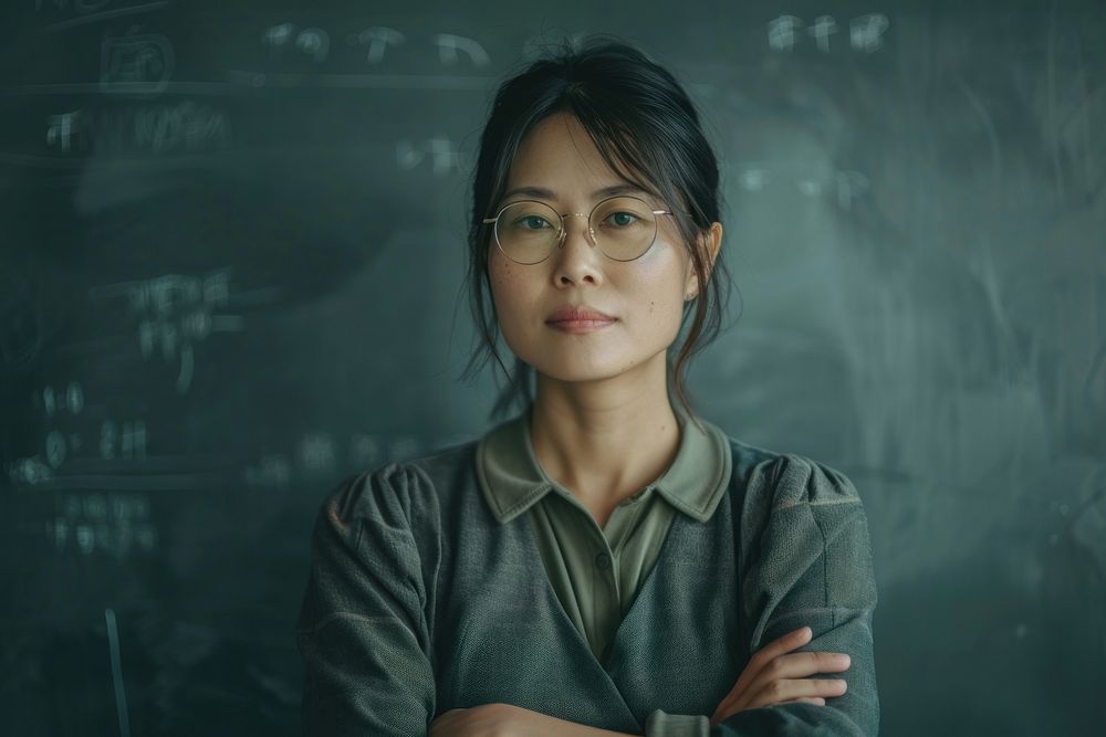 Asian woman teacher cross arm against black board blackboard adult contemplation.
