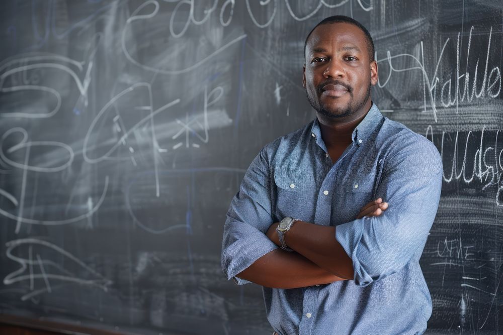 Black man teacher cross arm against black board blackboard adult architecture.