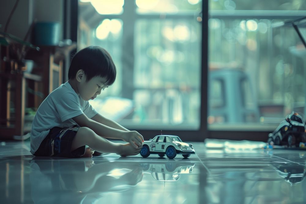 Boy playing car robot toy vehicle child transportation.