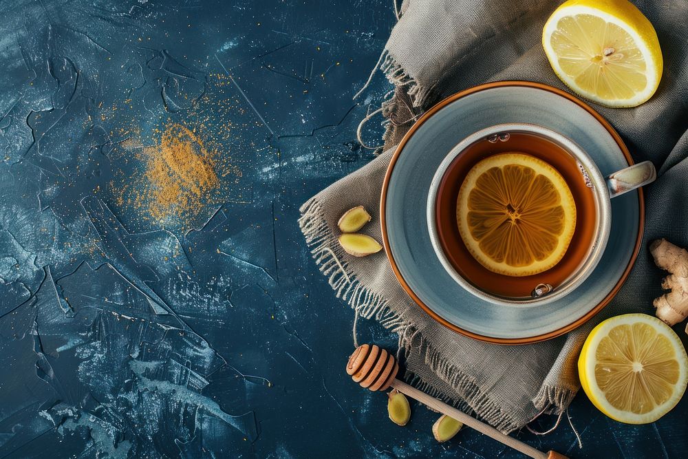Cup of Ginger tea with lemon and honey fruit food cup.