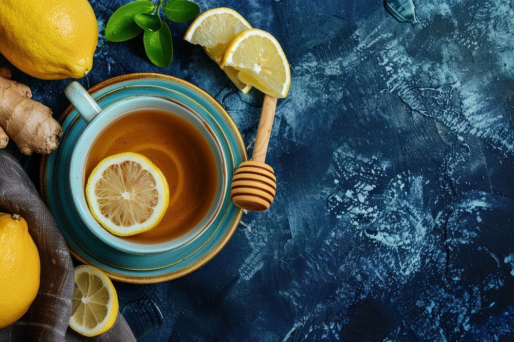 Cup of Ginger tea with lemon and honey fruit drink plant.