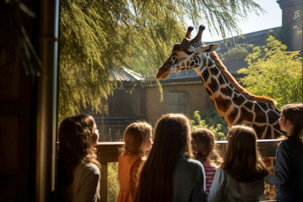 Children with teacher zoo wildlife giraffe.