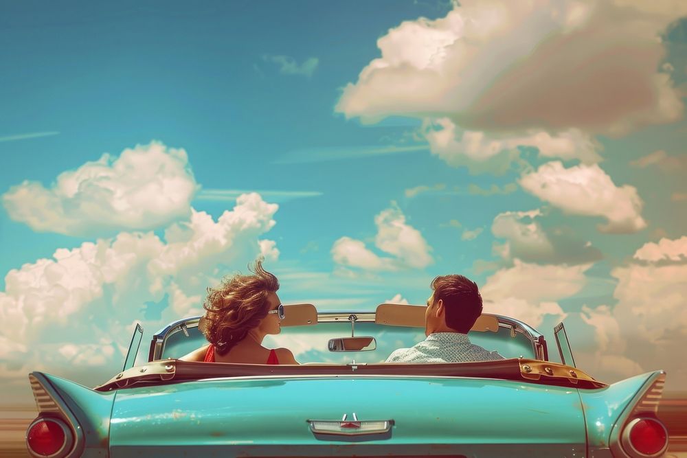 Photo of Couple of lovers driving car convertible vehicle.