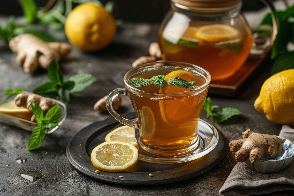 Ginger tea with mint and lemon drink fruit plant.