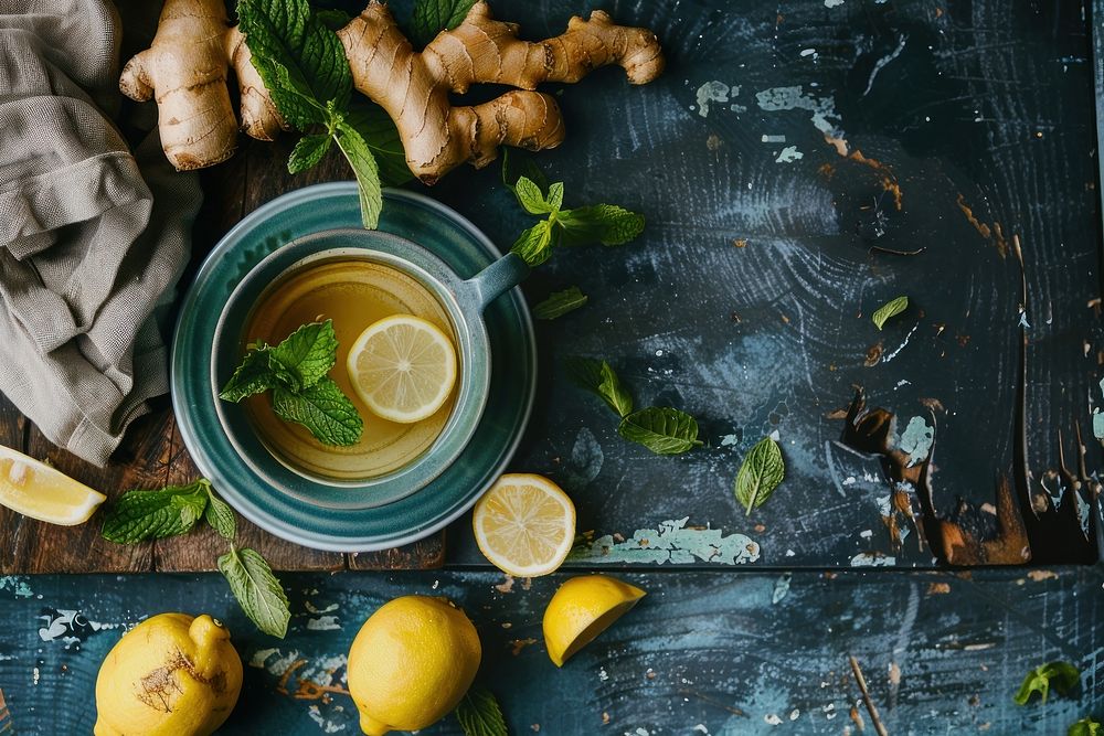 Ginger tea with mint and lemon fruit spice plate.