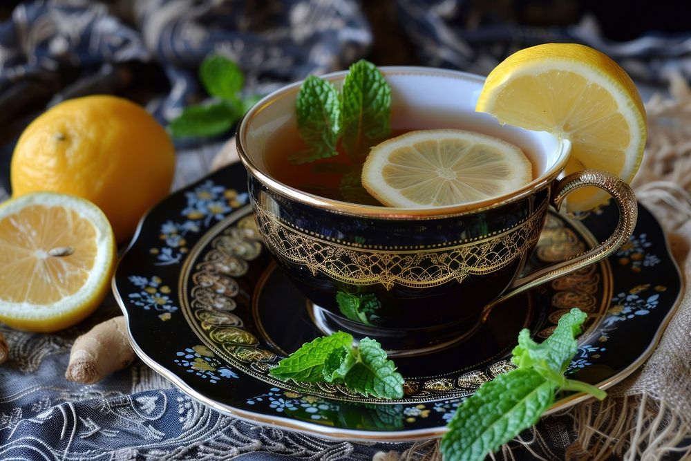 Ginger tea with mint and lemon drink fruit plant.
