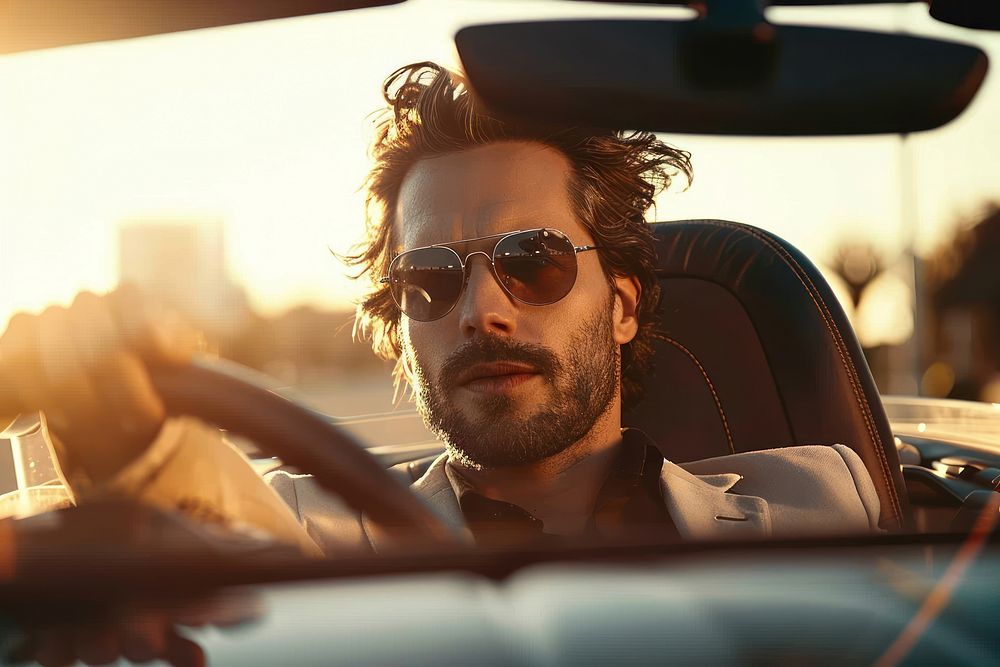 Handsome man driving the car sunglasses vehicle adult.