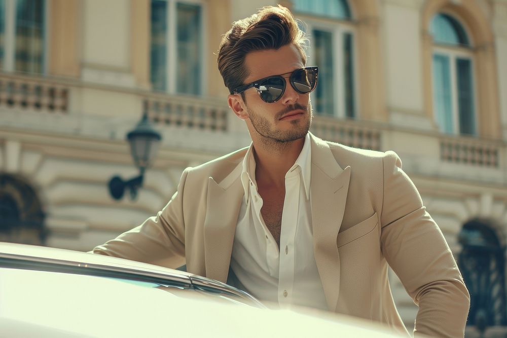 Handsome man near the car sunglasses adult architecture.