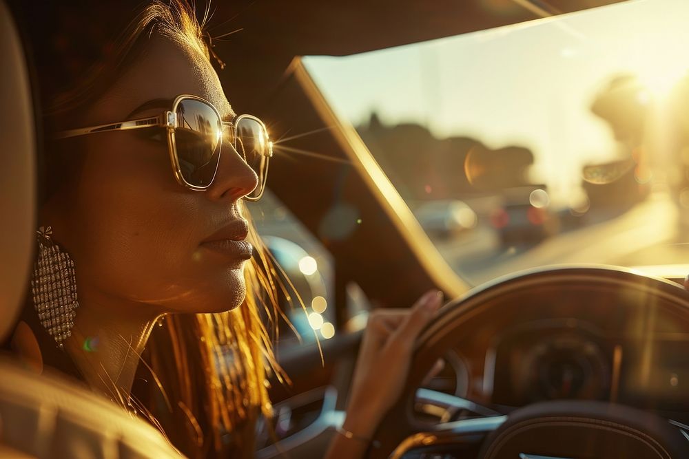 Handsome woman driving the car sunglasses vehicle transportation.