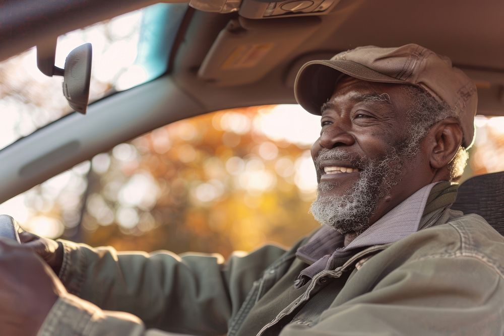 Photo of happy african american man driving car portrait vehicle adult.