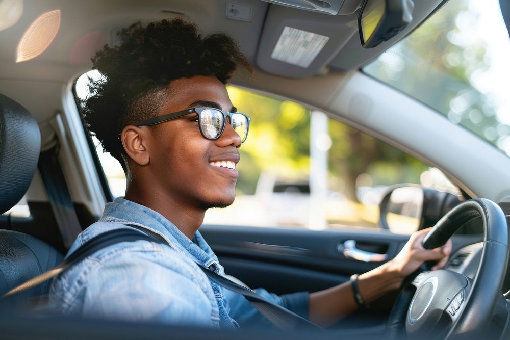 Photo of happy teenager african american man driving car portrait vehicle glasses.