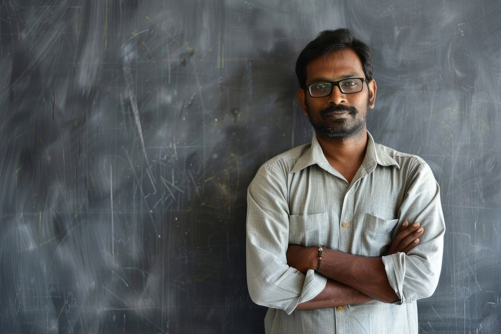 Indian man teacher cross arm against black board blackboard portrait glasses.
