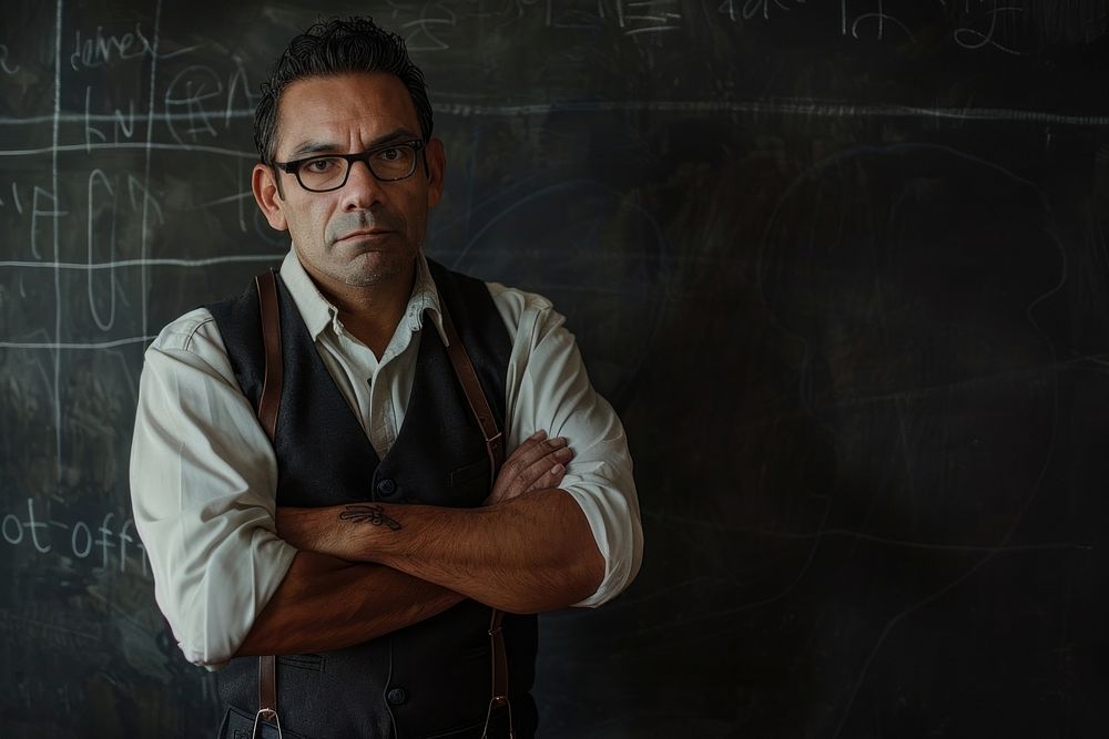 Latin man teacher cross arm against black board blackboard portrait glasses.